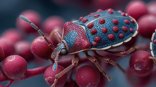 Unique close-up of a colorful beetle on vibrant berries in a natural environment photo