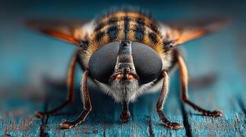 Close-up of a bee on wooden surface during daytime highlighting its intricate features and vibrant color patterns photo