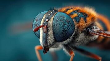 Close-up view of a vibrant insect showcasing intricate details of its head and compound eyes photo