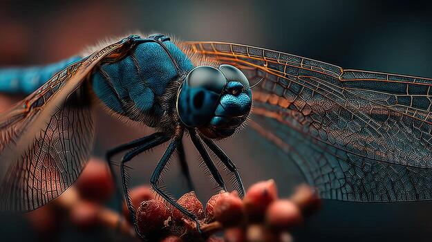 libélula encaramado en un planta durante crepúsculo, exhibiendo intrincado ala patrones y vibrante colores foto