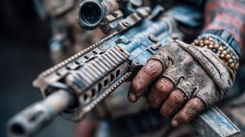 Soldier holding a muddy assault rifle during a training exercise in a forest environment near dusk photo