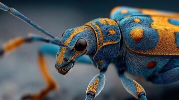 Colorful bug displayed in intricate detail on a blurred background in natural lighting photo