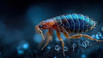 Flea exploration under blue lighting showcasing intricate details and textures in a dark environment photo