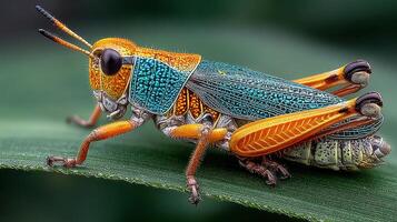 Close-up view of a vibrant grasshopper on a green leaf, showcasing intricate patterns and colors photo