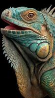 Vibrant close-up of an iguana showcasing intricate textures and colors in a striking portrait photo