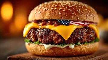 Juicy cheeseburger topped with cheddar and a flag, perfect for summer barbecues photo