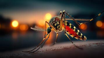 Close-up view of a colorful mosquito resting on a surface at twilight near a water source photo