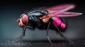 Detailed view of a fly showcasing its vibrant wings and unique features in a darkened environment photo