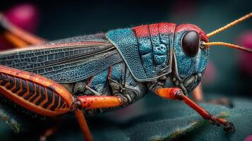 Colorful grasshopper perched on a leaf, showcasing intricate patterns and vibrant colors in a natural habitat photo