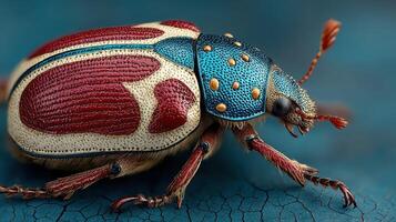 Colorful beetle resting on a cracked blue surface with detailed features and vibrant patterns amidst a subtle background photo