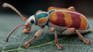 Colorful insect crawls on green leaf showcasing vivid patterns and intricate details during daylight photo