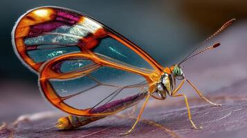 Stunning close-up of a glasswing butterfly perched on a leaf showcasing its delicate wings and intricate colors in natural light photo