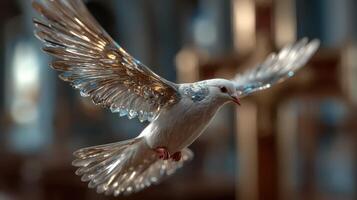 Bird in flight with shimmering wings gliding through a grand indoor space during daylight hours photo