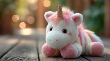 Cute plush unicorn sitting on wooden deck in a sunny garden surrounded by greenery and soft bokeh lights in the background photo