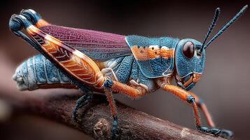Close-up view of a vibrant grasshopper resting on a branch in a natural habitat during bright daylight photo