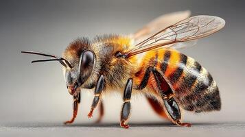 Close-up view of a bee showcasing its intricate features and vibrant coloration on a neutral background photo