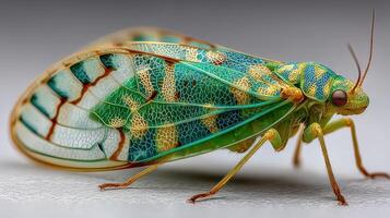 Bright green cicada perched on a surface displaying intricate wing patterns and vibrant coloration photo