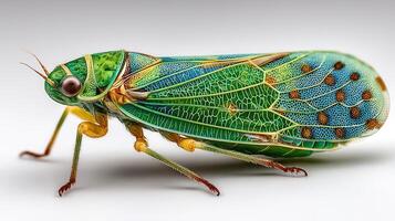 Colorful insect observed in close detail, showcasing vibrant patterns and intricate features during daylight hours photo