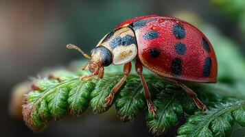 Close-up of a colorful ladybug perched on a green leaf with dew droplets reflecting morning light photo
