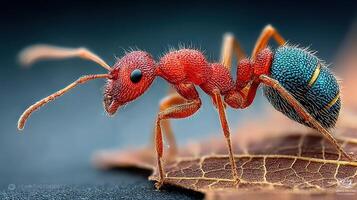 Vibrant red and blue ant exploring a leaf in extreme close-up detail during daylight photo