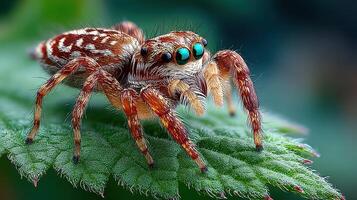 Colorful spider explores a green leaf in a vibrant natural setting under soft lighting photo