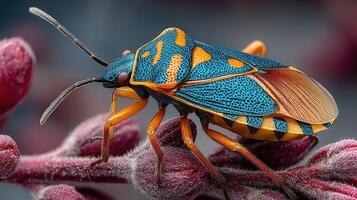 Vibrant insect perched on a flowering plant showcasing striking colors in natural light photo
