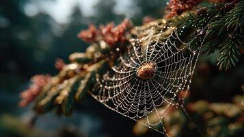 Intricate spider web glistening with dew on evergreen branches during early morning light photo