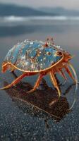 Unique close-up of a colorful creature with water droplets in a natural setting under soft light photo
