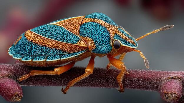 Colorful insect perched on a branch in a lush environment during daylight hours photo