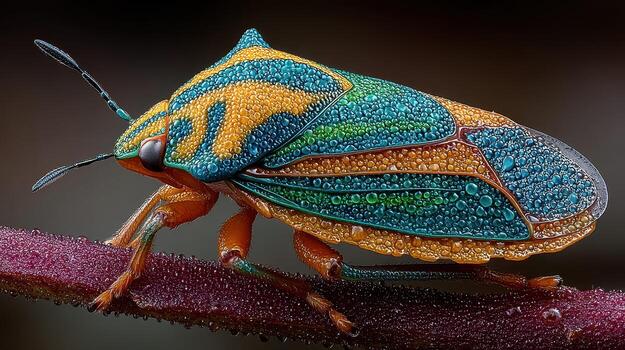 Colorful insect with droplets on its body resting on a plant stem in a humid environment during daylight photo