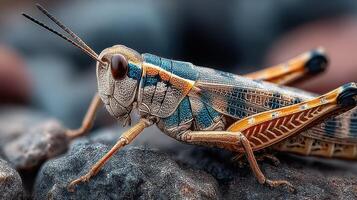 Colorful grasshopper resting on a stone during a sunny afternoon in a vibrant natural habitat photo