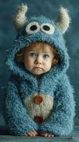 Child in fluffy blue monster hoodie with big eyes, capturing innocence and warmth during a playful indoor moment photo