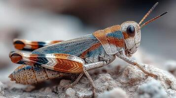 Close-up view of a colorful grasshopper on rocky surface during daylight in a natural setting photo