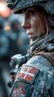 Soldier with Danish flag during military training in cold weather conditions at dusk photo