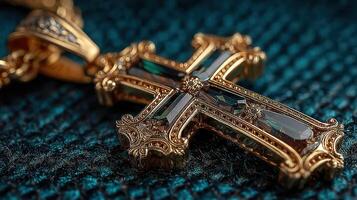 Detailed view of a golden cross pendant with intricate design on a textured teal background photo