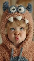 Cute toddler makes funny face in cozy monster hoodie indoors photo