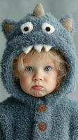 Child wears blue monster costume with fluffy texture in a studio setting during daytime, showing a pouting expression on their face photo