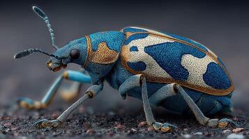 Vibrant blue and gold beetle crawling on a textured surface in natural light during the day photo