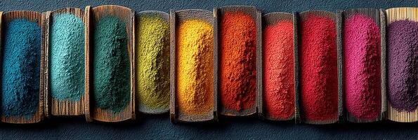 Vibrant collection of natural pigments arranged in wooden trays displayed on a dark surface photo