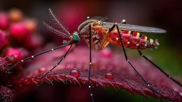 Close-up of a vibrant mosquito perched on a colorful leaf in a lush garden during daylight hours photo