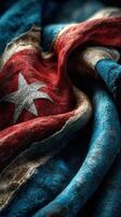 Worn Cuban flag displaying its rich colors and textures in a close-up view highlighting its history and significance photo