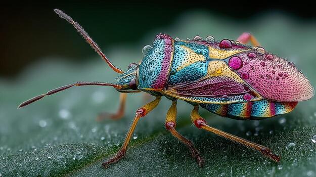 Colorful insect resting on a leaf covered in dew droplets in a natural environment during the morning hours photo