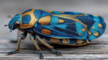 Colorful blue and gold insect resting on wood during a sunny day photo