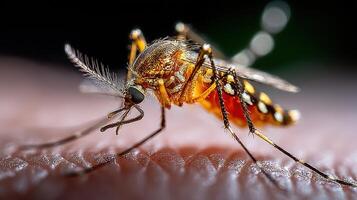 Close-up view of a mosquito resting on human skin in a natural setting during the evening hours photo