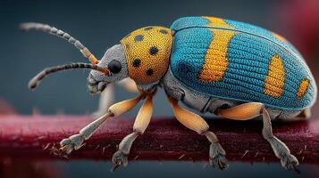 Colorful tropical beetle on a leaf during daylight showcasing vibrant patterns and textures in nature photo