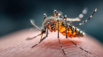 Close-up of a mosquito feeding on human skin during a warm summer evening photo