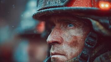 Close-up of a rugged firefighter in action during a rainy emergency response photo