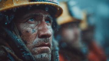 Workers endure harsh conditions while focused on safety during a heavy rainstorm in an industrial area photo