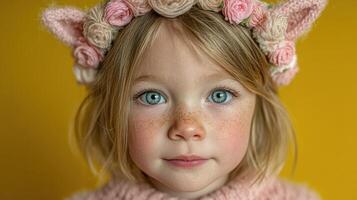 Child poses with floral crown against yellow backdrop, showcasing bright eyes and freckles during a playful indoor moment photo
