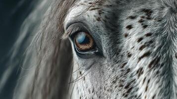 Close-up view of a horse's eye showcasing intricate details and unique speckled patterns in soft lighting photo